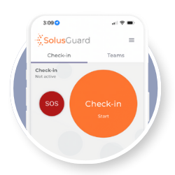 The SolusGuard mobile app provides app-based check-ins, GPS location sharing, and a panic alert button for emergencies